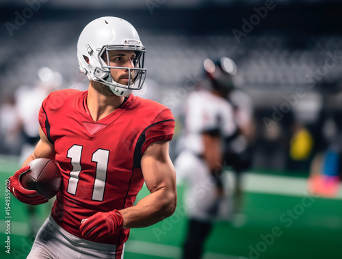An American football player in a white helmet and red uniform with a ball in his hand at the stadium during the game