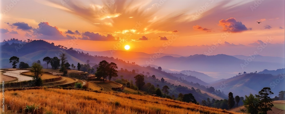 Obraz premium Stunning Sunset over Rolling Hills and Rice Terraces Scenic Landscape Photography