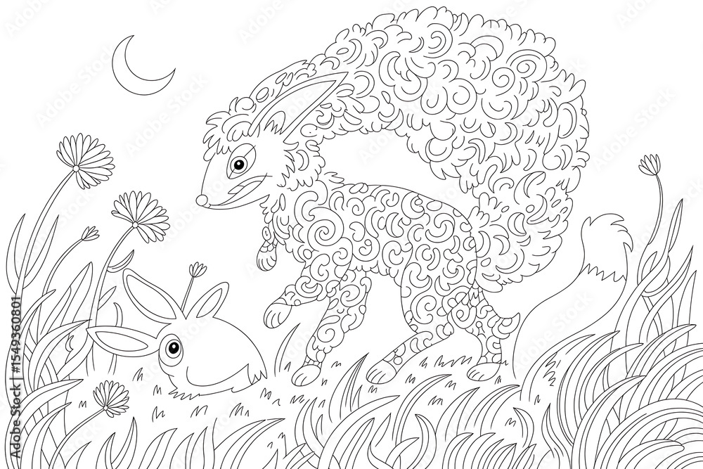Obraz premium Fox and rabbit in a field under the moon. Intricate design. 