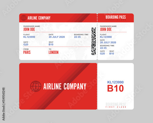 A boarding pass with passenger information and travel details, including flight number, date, time, gate, seat, and destinations from Paris to London for air travel.