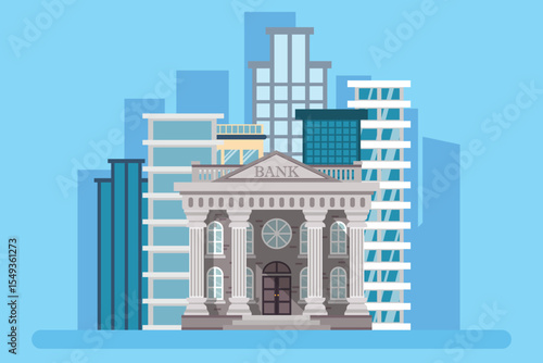 A simplified illustration depicts a bank building with classic architectural elements, set against a backdrop of modern office towers in a light blue color palette.