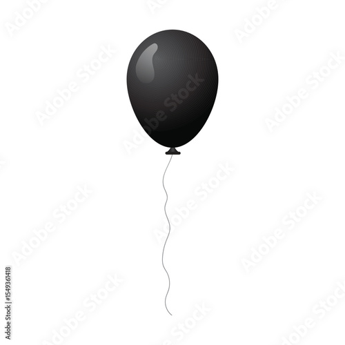 A single black balloon against a white background. The balloon has a smooth, reflective surface and is attached to a thin, gray string that dangles in a gentle curve.
