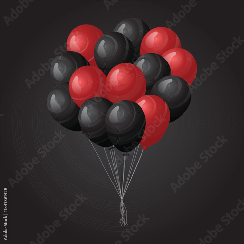A digitally rendered illustration featuring a cluster of red and black balloons against a dark backdrop. The balloons are tied together, creating a celebratory or festive atmosphere.