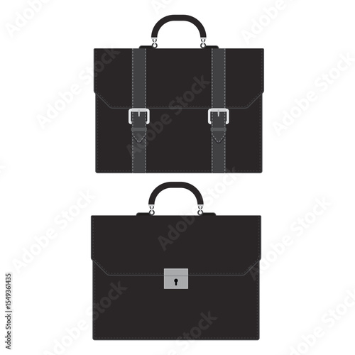 A stark white background showcases two black briefcases. One has straps and buckles, while the other features a silver lock, both exuding business style.