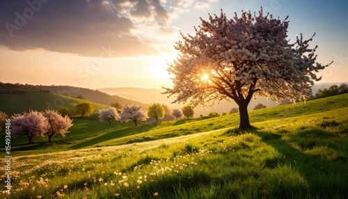 Wallpaper Mural Breathtaking sunrise over blossoming cherry trees in rolling hills nature landscape photography scenic viewpoint serene environment Torontodigital.ca