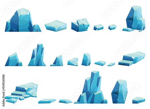 A collection of differently sized chunks of ice. They are various shapes and sizes, some are broken, others are smooth. Some are tall, others are flat. The image is bright.