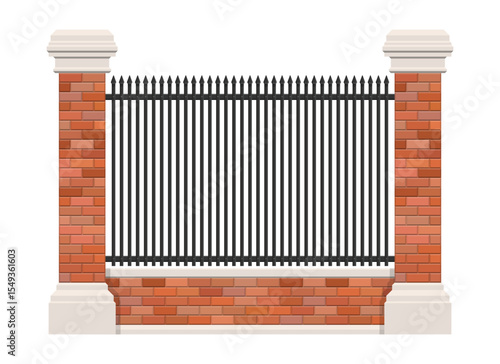 A decorative fence featuring brick pillars topped with white caps, a brick base, and wrought iron spikes providing security and enhancing curb appeal. Isolated white background.