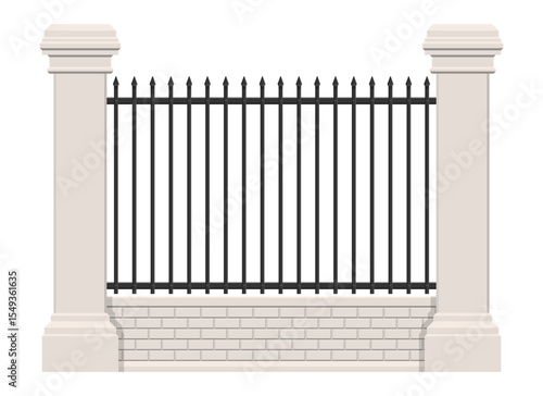 A wrought iron fence is supported by a brick base and framed by two symmetrical, stone pillars. The fence design is simple yet elegant, perfect for property.