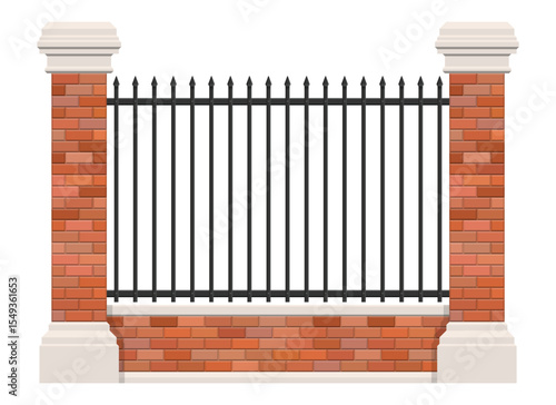 A fence of brick and metal bars, featuring two brick pillars with white caps and a uniform background, creates a sense of security and understated design in the space.