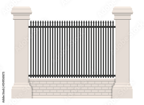 Illustration of an iron fence made of vertical rods terminating in spear points. It sits atop a brick base between two decorative stone columns. Isolated on white.