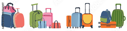 Colorful travel bags. Luggage on wheels for traveling. Modern suitcases with handle. Backpack for traveler. Vacation bags. Set of flat vector illustrations isolated on white background.