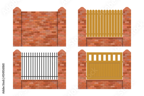 Four types of fencing and gates are shown against a white backdrop. The fence sections include a solid brick wall, a picket fence, wrought iron, and a wooden gate.
