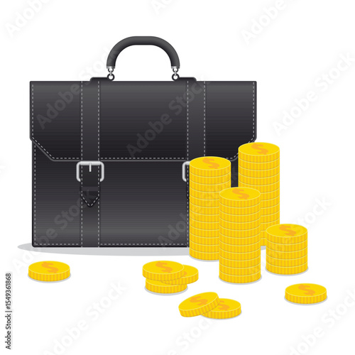 Illustration shows a professional black briefcase near stacks of golden coins, suggesting investments, financial growth, and business opportunities.  Isolated on white background.