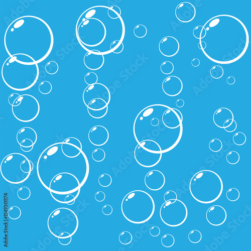 A vibrant light blue background features an array of white cartoon bubbles. The bubbles are in different sizes and positions, creating a playful and cheerful effect.