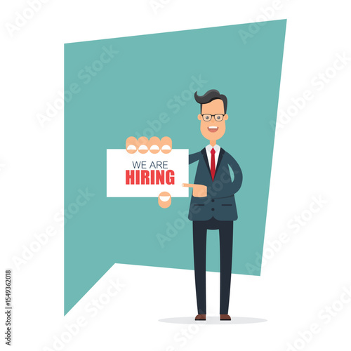 A cartoon man in a suit points to a "We are hiring" sign against a teal background, signaling job vacancies and recruitment opportunities.