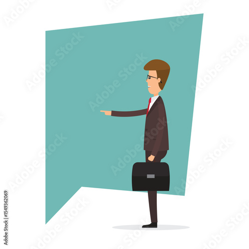 A man in a suit and tie is pointing at a large, blank talk bubble. He is holding a briefcase and standing on a white surface. The background is light blue.