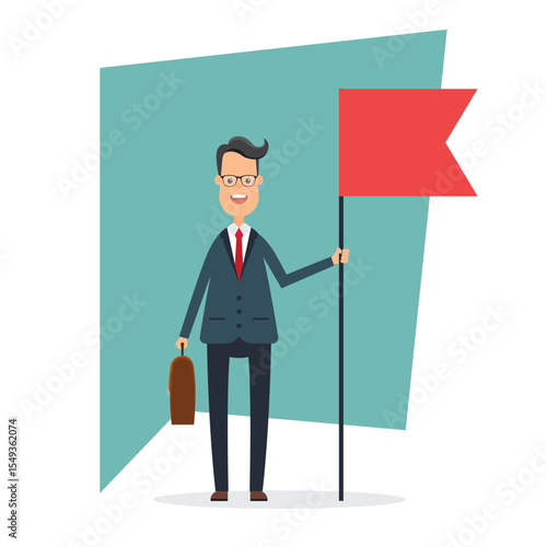 Cartoon businessman holding red flag and briefcase stands against light blue background. He has glasses, a suit and is smiling. He's setting goals and achieving them.