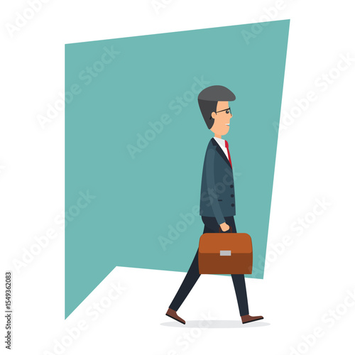 A man in a suit is walking to the right with a briefcase. The man is set against a teal blue background that is an abstract shape. The suit is a dark color. 