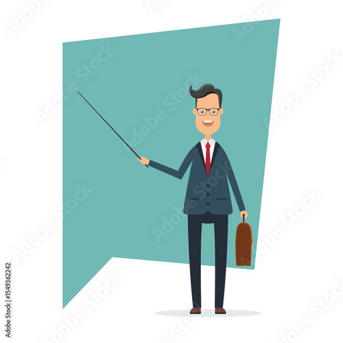 A cartoon businessman, with glasses and a suit, uses a pointer in front of a blue backdrop while holding a briefcase. Presenting business ideas with a smile.