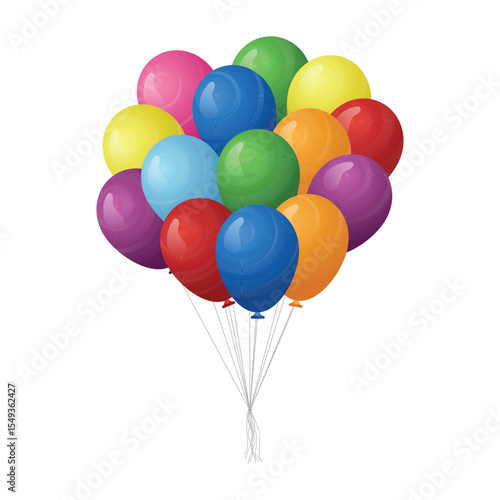 A bunch of vibrant, colorful balloons are tied together with thin strings. They appear to be floating upwards against a clean, white background, creating a celebratory feel.