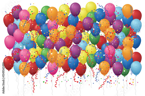 A vibrant collection of colorful balloons fill the scene, enhanced by confetti and curling ribbons, creating a lively and festive atmosphere perfect for celebration.
