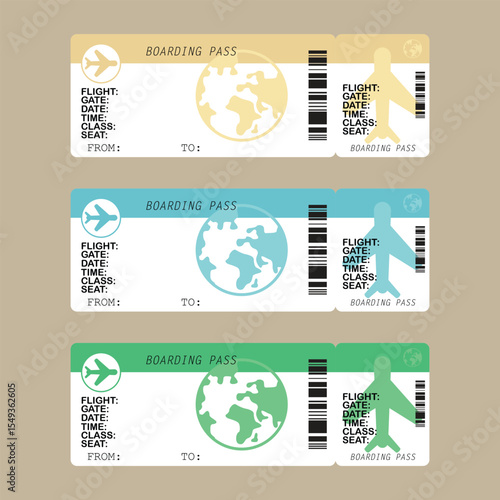 A set of three stylized airplane boarding passes, each in a different color palette - yellow, blue and green - against a neutral backdrop. They feature global travel.