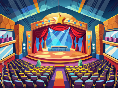 vector of A large hall with seating arrangement with large stage curtains or on a movie stage or large halls with lighting for special programs.