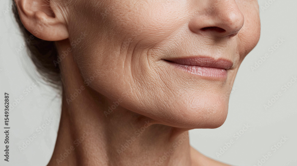 Fototapeta premium Close up of lower cheek and jawline showing natural skin texture and wrinkles on mature skin with gentle smile expressing calmness and confidence