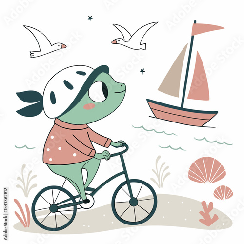 Playful Gentle Frog design, styled with riding a bicycle and Ocean Breeze shades in a Beach day setting