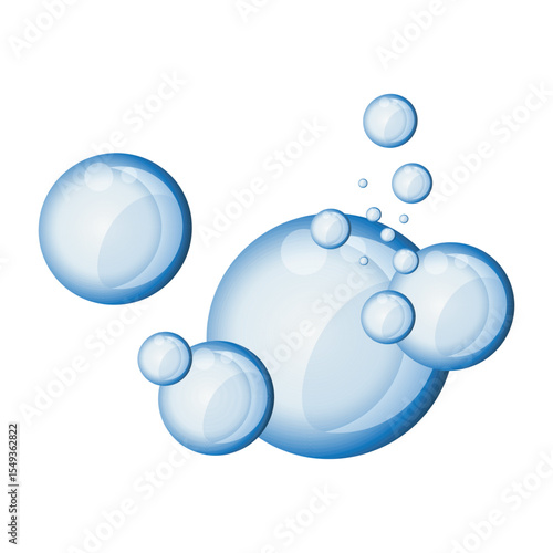 A group of clear blue translucent bubbles of various sizes float on a white background. The bubbles overlap, creating depth and highlights on their surfaces.