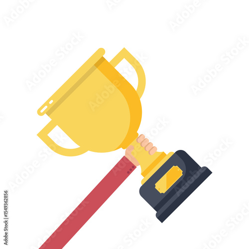 A cartoon illustration features a hand in a red sleeve holding a golden trophy with a black base, symbolizing success, winning, and achievement, all against a clean background.