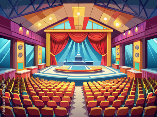 vector of A large hall with seating arrangement with large stage curtains or on a movie stage or large halls with lighting for special programs.