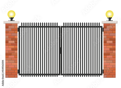 A graphic illustration of a gated entrance. The black metal gate is framed by brick columns topped with spherical lights. The scene suggests a formal or private entrance.