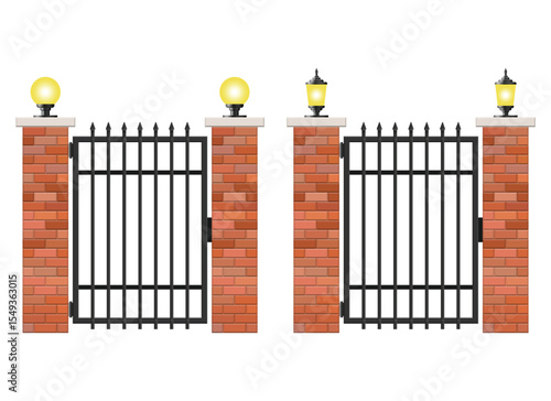 Illustration showcases two ornate iron gates positioned between brick columns, each topped with lighting. One set features spherical lights, while the other displays lantern-style fixtures.