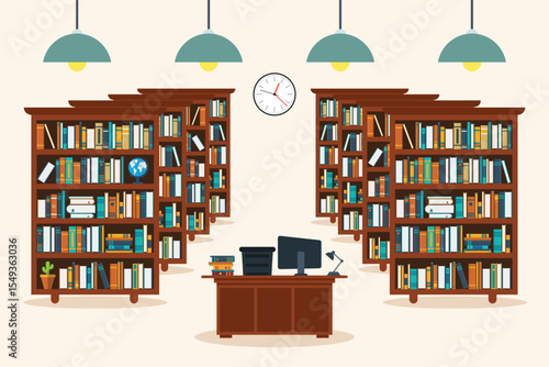 A cozy study room is filled with bookshelves with books, a desk with a computer, a lamp, a clock, and lights creating an inviting atmosphere for study and research.