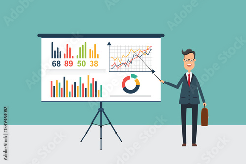 A man is giving a presentation using a projector screen with different charts. The charts display bars, graphs, numbers, and a pie chart to the audience at the office.