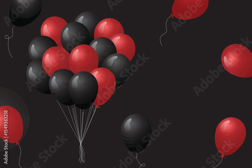 A bunch of black and red balloons are set against a solid black background, creating a visually striking and festive scene. Some balloons float individually.