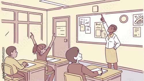 School Classroom: Children and teacher focus in the class, A Teacher leading pupils in a clean and organized environment.
