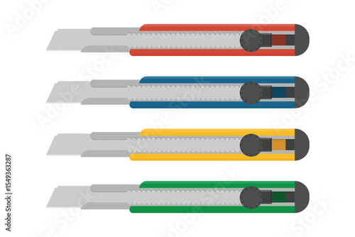 A clean, colorful illustration of four box cutters in a row. The cutters are red, blue, yellow, and green. All are against a plain white backdrop.