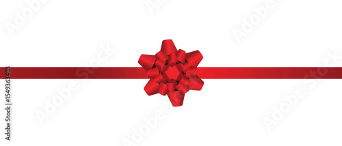 A vibrant red bow sits atop a matching ribbon, centered against a pristine white background. The design evokes feelings of celebration and gifting occasions.  