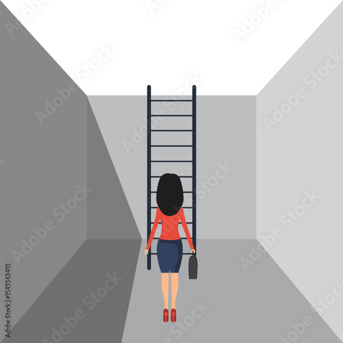 A woman stands in a narrow space facing a ladder reaching upwards, hinting at ambition, career goals, facing challenge, or escaping current situation. She is holding a briefcase.