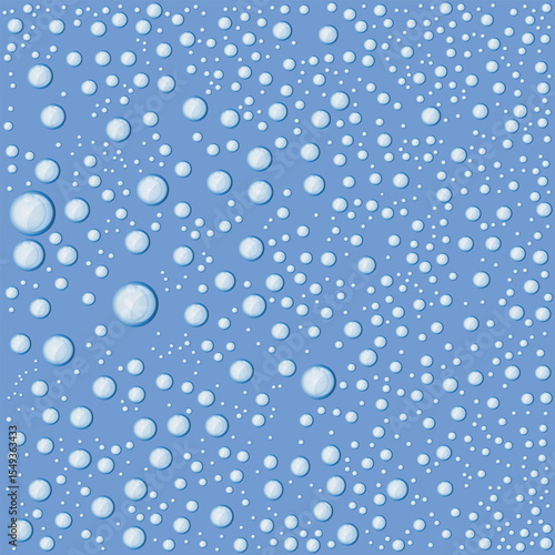 A light blue surface densely populated with a variety of water droplets in different sizes. The droplets cast a slight shadow giving a 3D effect to the surface.