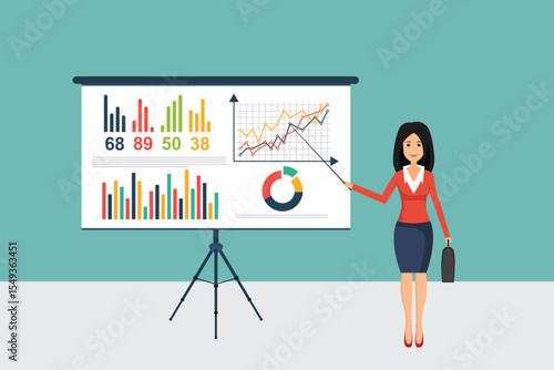 A woman presents infographics on a screen, pointing to graph trend lines, wearing a blazer and holding a briefcase in a business presentation setting indoors.