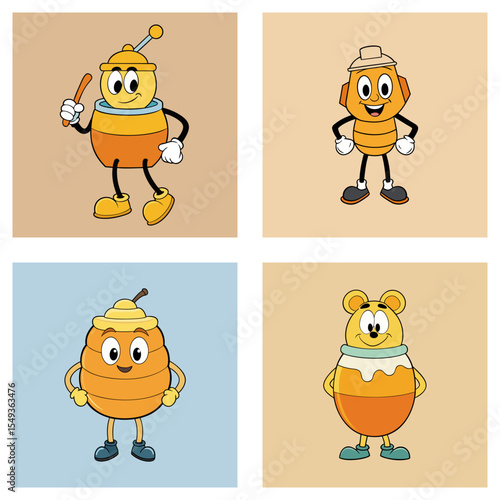 A collection of four cartoon honey pot characters with different designs and expressions displayed