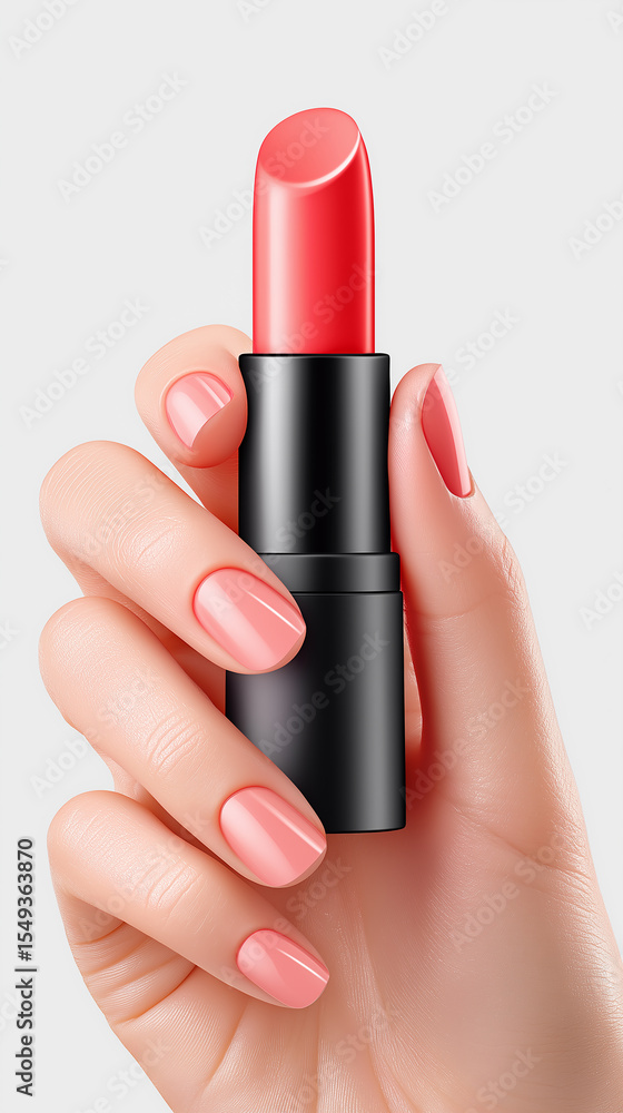 Obraz premium Elegant close-up of a hand gracefully presenting an opened lipstick. The lipstick has a sophisticated matte black casing, red cherry shade, product's design.