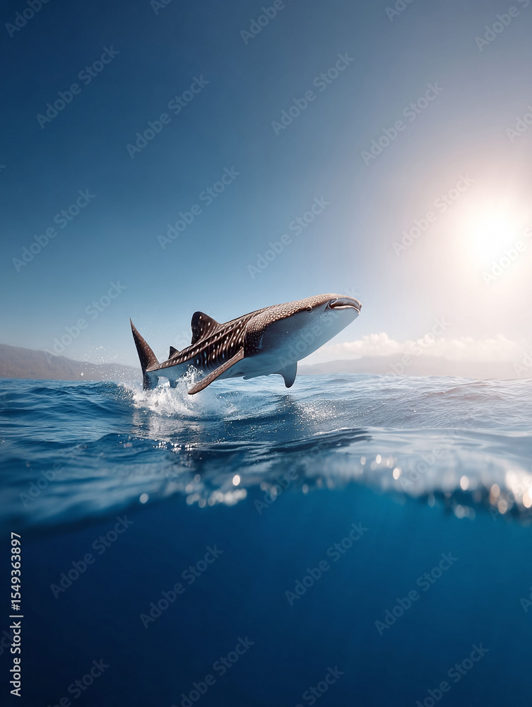 Fototapeta premium A majestic whale shark breaching the ocean surface, captured with stunning clarity. Half underwater view. Represents power, freedom, and the beauty of marine life. Ideal for nature or travel themes.