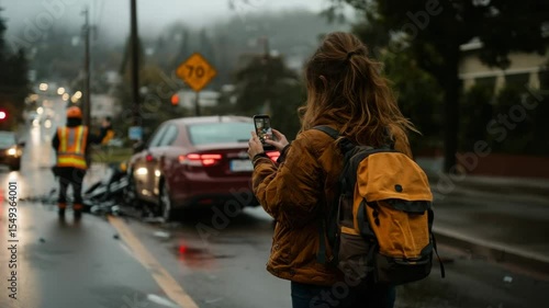 Woman with backpack taking photo at car accident scene in rainy weather with emergency responders present