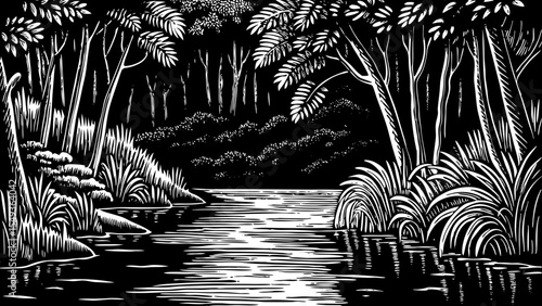 Lake inside a deep jungle basin with exotic plants growing along the shore, a black and white sketch vector.