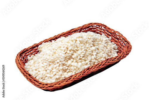Vialone Nano rice filling a wicker basket on white background