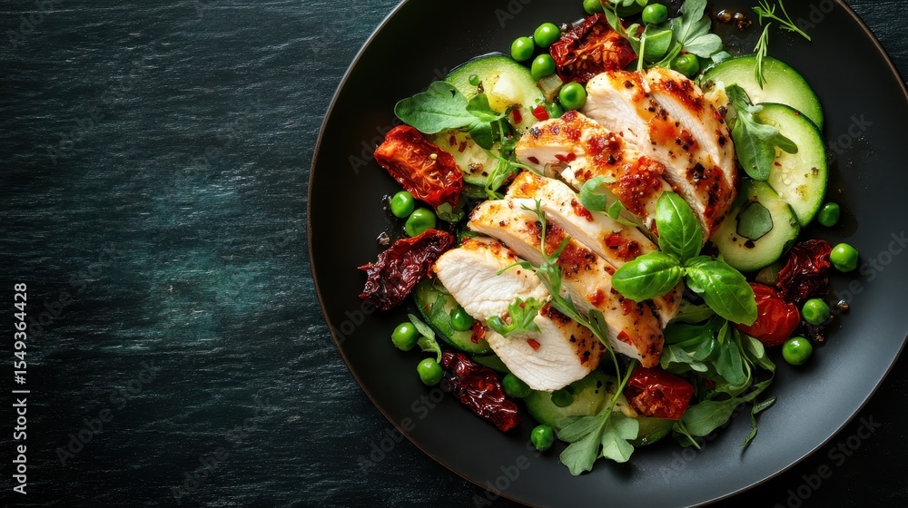 A delicious platter featuring succulent grilled chicken accompanied by fresh vegetables, representing culinary artistry and a healthy approach to dining. A delicious platter featuring succulent grilled chicken accompanied by fresh vegetables, representing culinary artistry and a healthy approach to dining.